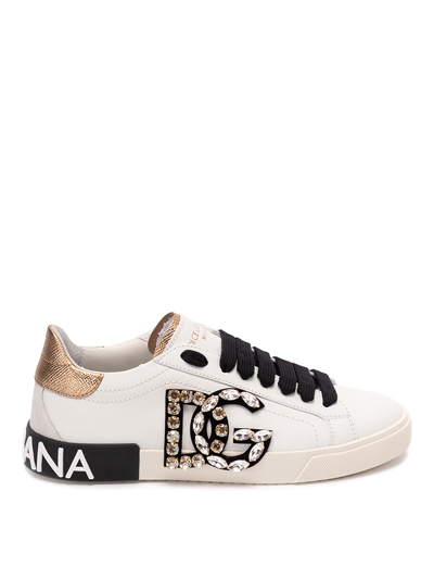 Dolce & Gabbana Leather Vintage Sneakers With Dg Logo In Beige