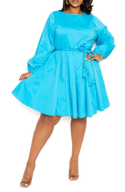 Buxom Couture Tie Belt Long Sleeve A-line Dress In Turquoise