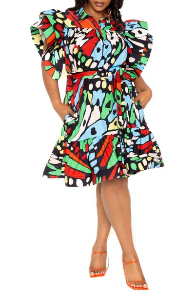 Buxom Couture Butterfly Print Ruffle Tie Waist Dress In Blue Multi