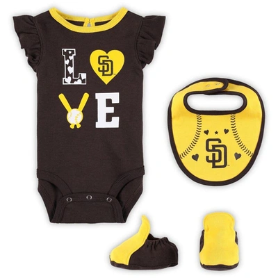 Outerstuff Babies' Newborn & Infant Brown/gold San Diego Padres Three-piece Love Of Baseball Bib Bodysuit & Booties Set In Brown,gold