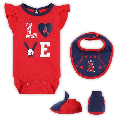 Outerstuff Babies' Newborn & Infant Red/navy Los Angeles Angels Three-piece Love Of Baseball Bib Bodysuit & Booties Set In Red,navy