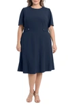 London Times Short Sleeve Fit & Flare Midi Dress In Navy Blazer