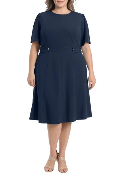 London Times Short Sleeve Fit & Flare Midi Dress In Navy Blazer