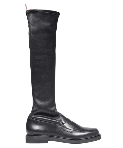 Thom Browne Stretch Knee High Penny Boots In Black