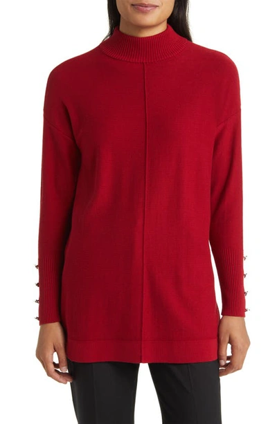 Anne Klein Button Cuff Mock Neck Sweater In Titian Red