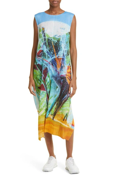 Issey Miyake Tropical Winter Print Sleeveless Midi Dress In Blue