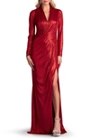 Tadashi Shoji Draped Shimmer Long Sleeve Gown In Deep Red