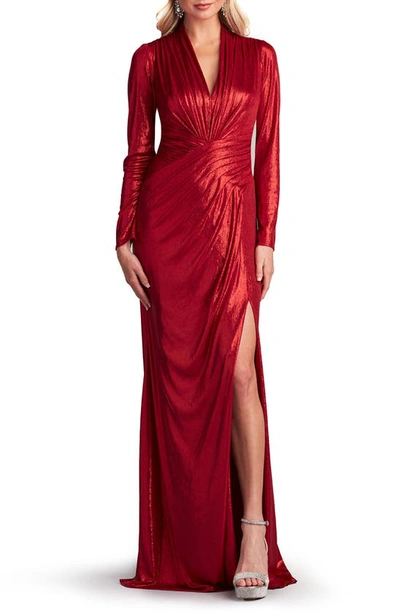 Tadashi Shoji Draped Shimmer Long Sleeve Gown In Red