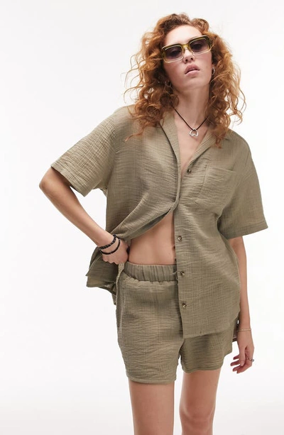 Topshop Cheesecloth Short Sleeve Button-up Camp Shirt In Khaki