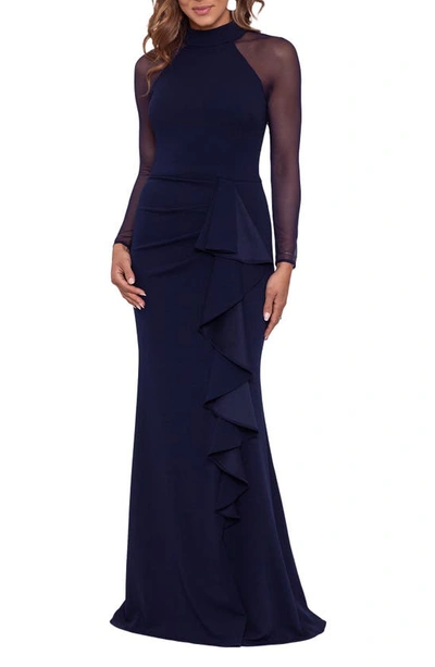 Betsy & Adam Illusion Mesh Long Sleeve Scuba Column Gown In Navy