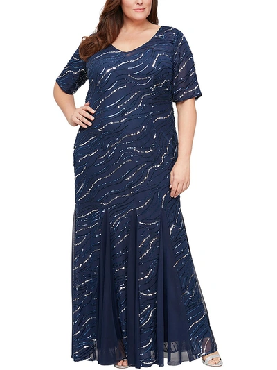 Alex Evenings Plus Womens Sequined Maxi Fit & Flare Dress In Blue