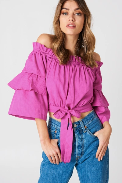 Na-kd Off Shoulder Frill Sleeve Top Pink In Strong Pink
