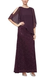 Sl Fashions Women's Sequin Lace Chiffon Caplet Gown In Deep Plum