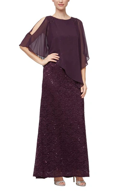 Sl Fashions Women's Sequin Lace Chiffon Caplet Gown In Deep Plum