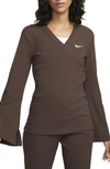 Nike Sportswear Rib Jersey Long Sleeve V-neck Top In Baroque Brown/ Sail