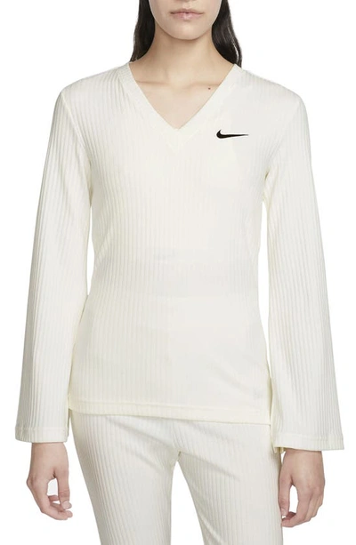 Nike Sportswear Rib Jersey Long Sleeve V-neck Top In Sail/ Black