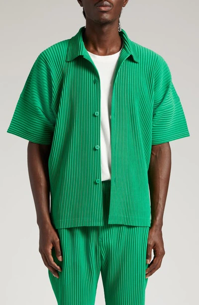 Issey Miyake Monthly Colors July Pleated Short Sleeve Button-up Shirt In Emelard Green