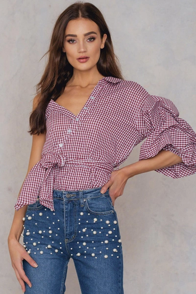 Hot & Delicious One Shoulder Gingham Top - Red, Multicolor In Red,multicolor