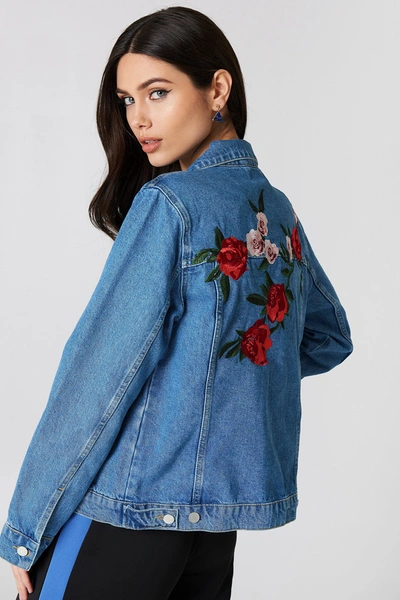 Na-kd Flower Embroidery Denim Jacket Blue In Medium Wash