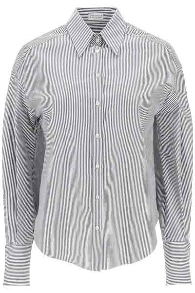 Brunello Cucinelli Striped Oxford Shirt With Lurex In Biancoblu (white)