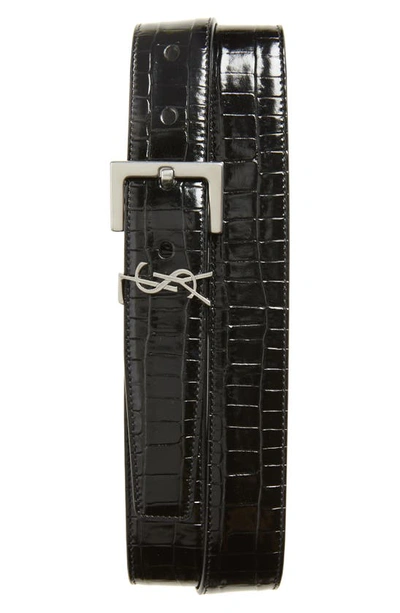 Saint Laurent Monogram Croc Embossed Leather Belt In Nero