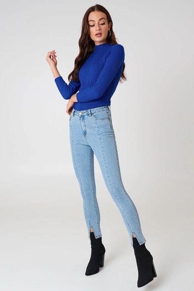 Na-kd Highwaist Skinny Front Slit Jeans - Blue In Lt Blue
