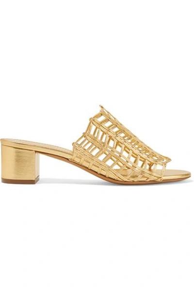 Mansur Gavriel Grid Metallic Leather Cutout Block-heel Mule Slide Sandals In Gold