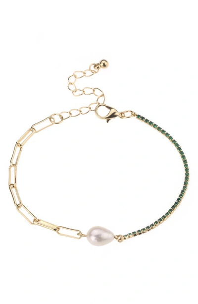 Noir Imitation Pearl Cz & Chain Bracelet In Green