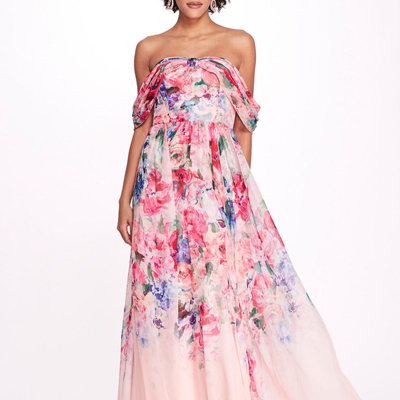 Marchesa Notte Center Knot Chiffon Gown In Pink