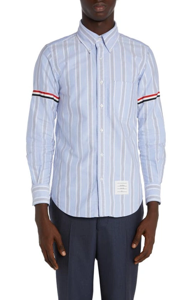 Thom Browne Straight Fit Stripe Grosgrain Band Button-down Shirt In Blue