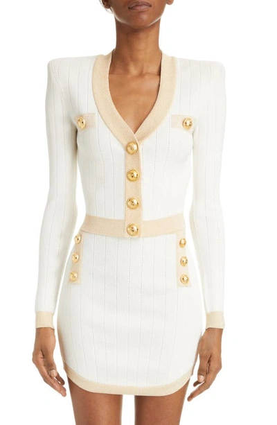 Balmain Metallic Trim V-neck Cardigan In Natural/ Gold