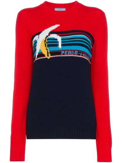 Prada Banana Intarsia Logo Wool Sweater In Blue