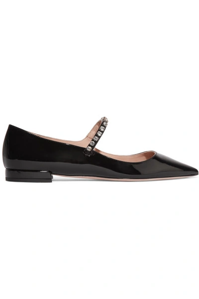 Miu Miu Crystal-embellished Patent-leather Point-toe Flats In Black