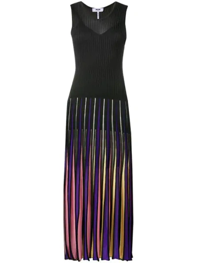 Msgm Pleated Maxi Dress In Black,purple,stripes,pink,yellow