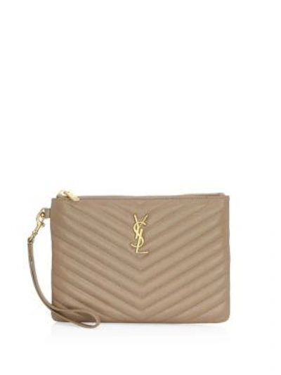 Saint Laurent Monogram Matelassé Leather Zip Pouch In Light Taupe
