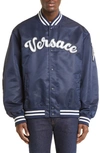 Versace Varsity Script Satin Baseball Jacket In Navy Blue