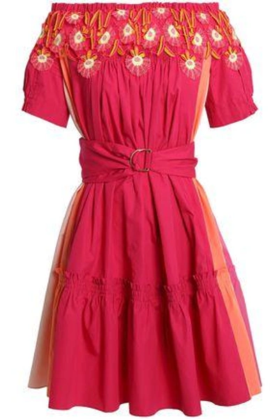 Peter Pilotto Woman Off-the-shoulder Appliquéd Color-block Cotton-poplin Dress Fuchsia