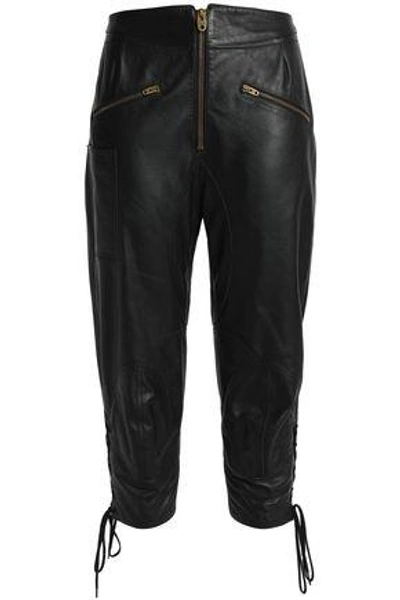 Chloé Woman Cropped Lace-up Leather Slim-leg Pants Black