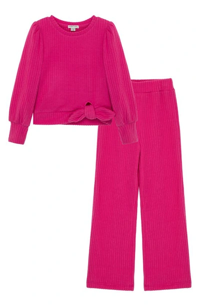 Habitual Girls' Ribbed Puff Sleeve Top & Pants Set - Little Kid In Dark Pink
