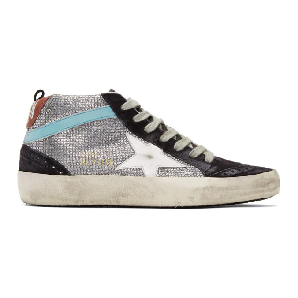 golden goose navy suede glitter mid star sneakers