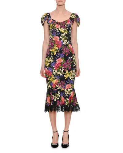 Dolce & Gabbana Floral Sweetheart Cap-sleeve Dress W/ Lace Hem In Black Pattern