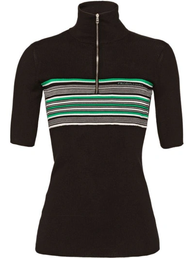 Prada Stand-collar Zip-front Striped Silk-wool Sweater In Black