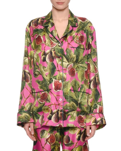 Dolce & Gabbana Twill Silk Fig-print Pajama Blouse In Pink/green