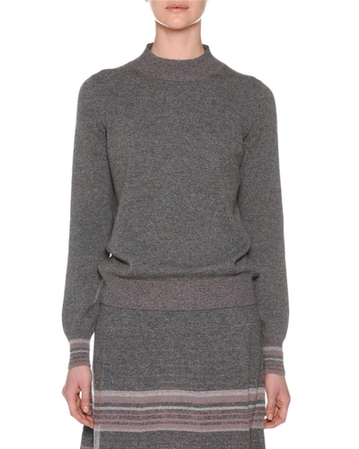 Agnona Long-sleeve Multi-stripe Metallic Knit Cashmere Sweater In Light Gray