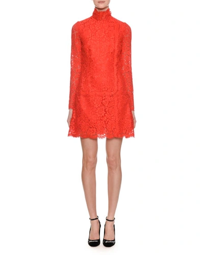 Dolce & Gabbana Mock-neck Long-sleeve A-line Mini Lace Dress In Red