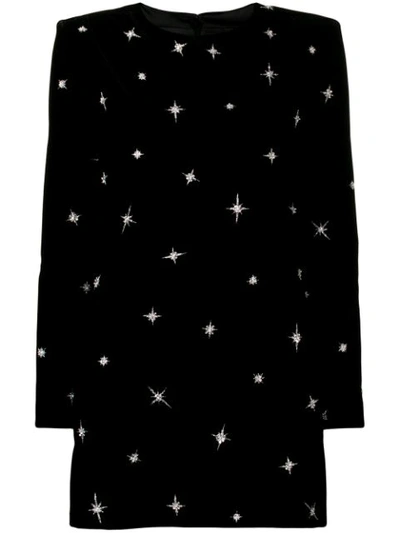 Saint Laurent Jewel-neck Long-sleeve Chemise Cocktail Dress W/ Star Embroidery In Black