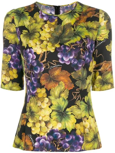 Dolce & Gabbana Crewneck Elbow-sleeve Grape-print Fitted Top In Black