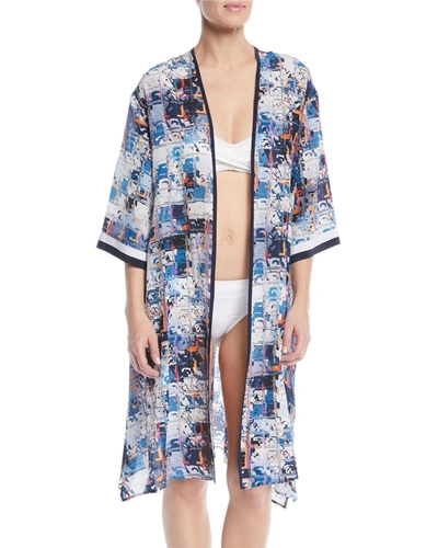 Shan Aqua Blue Silk Kimono Coverup