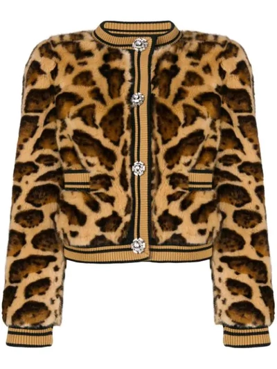 Dolce & Gabbana Faux-fur Leopard Cropped Chubby Jacket In Brown