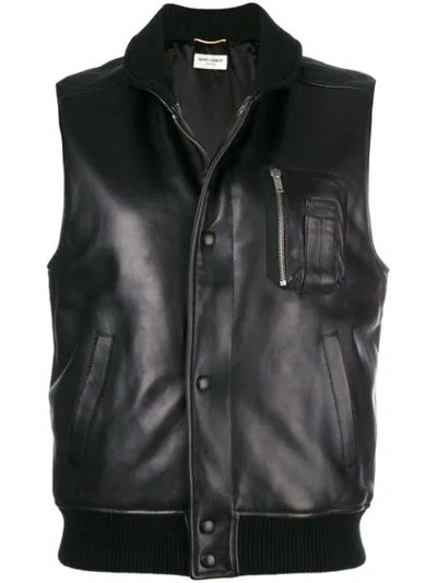 Saint Laurent Snap-front Lambskin Leather Vest In Black